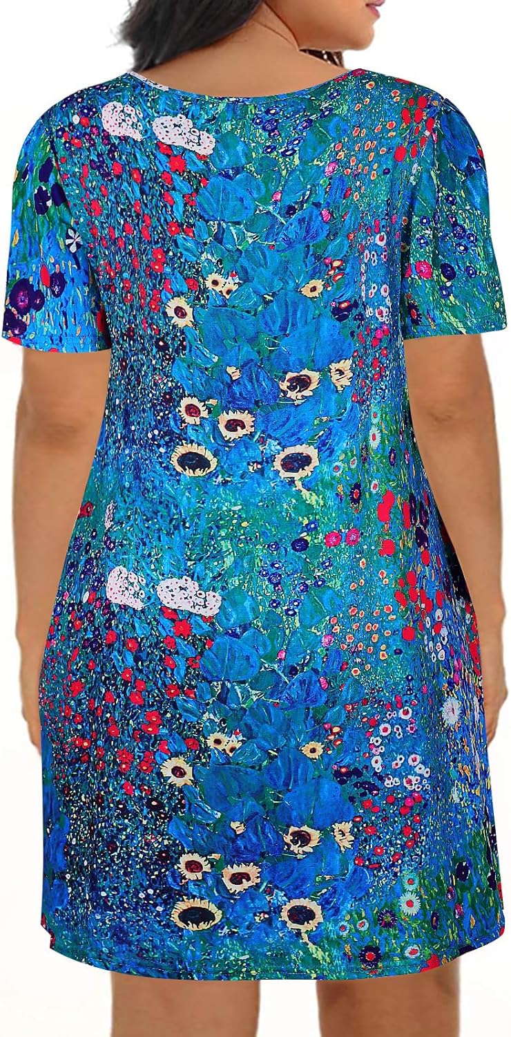Kancystore Women Plus Size Dresses Short Sleeve Cold Shoulder Casual T-Shirt Swing Dress with Pockets