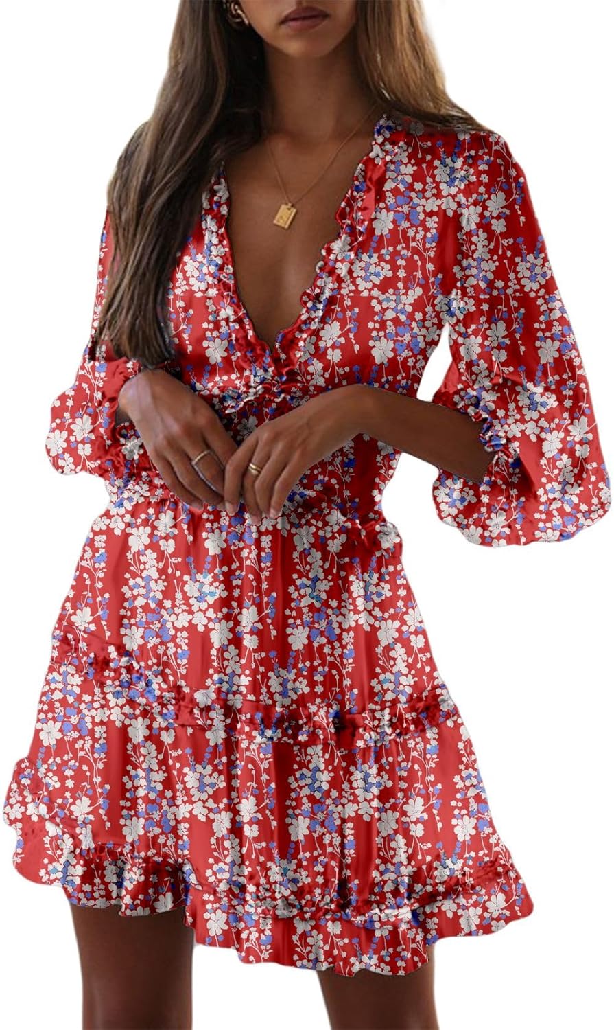 Dokotoo Womens 2025 Spring Summer Deep V Neck Long Sleeve Backless Ruffle Floral Flowy Mini Dress