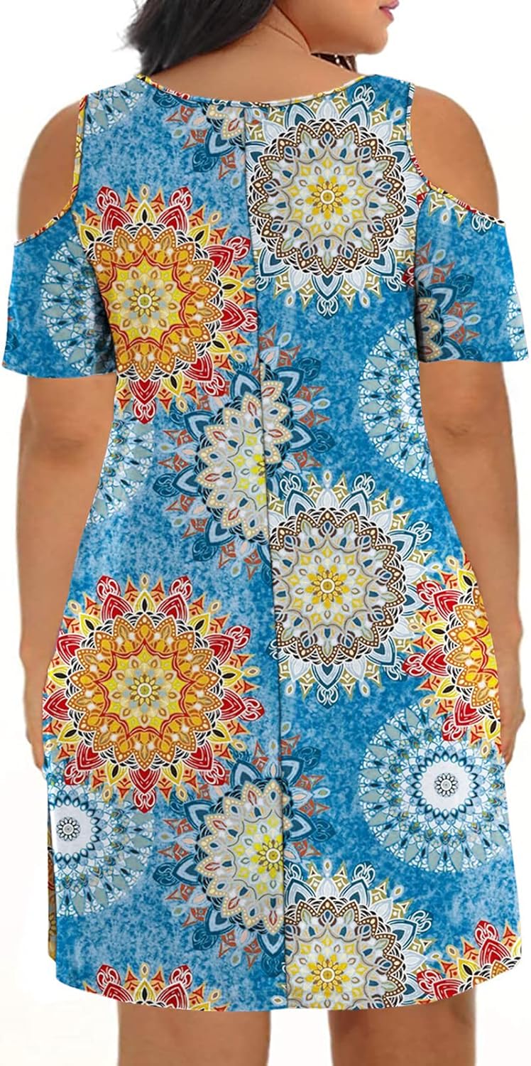 Kancystore Women Plus Size Dresses Short Sleeve Cold Shoulder Casual T-Shirt Swing Dress with Pockets