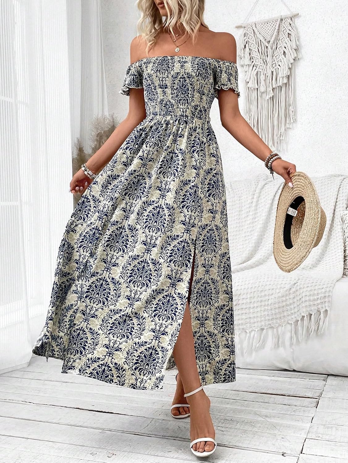 Floerns Women's Boho Floral Print Off Shoulder Split Long A Line Dress