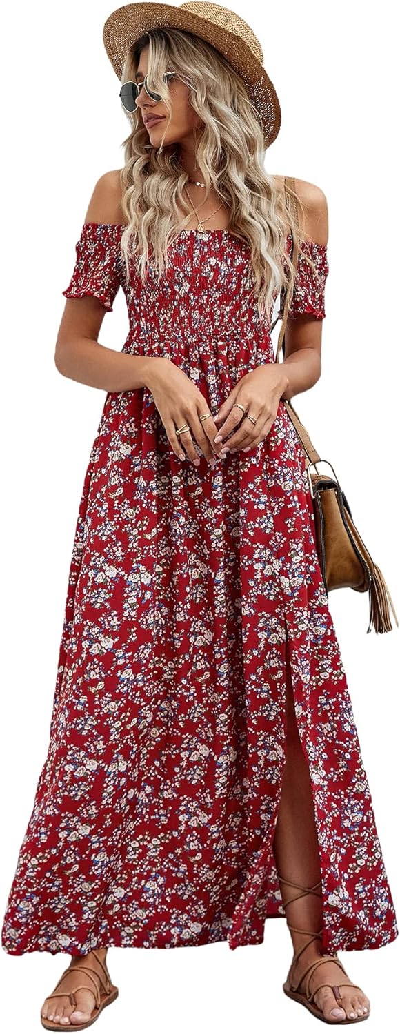 Floerns Women's Boho Floral Print Off Shoulder Split Long A Line Dress