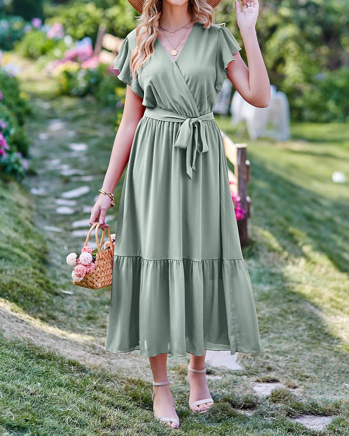 BTFBM Women Summer Bohemian Floral Casual Wrap V Neck Ruffle Cap Sleeveless Belt A-Line Pleated Hem Midi Sun Dress White