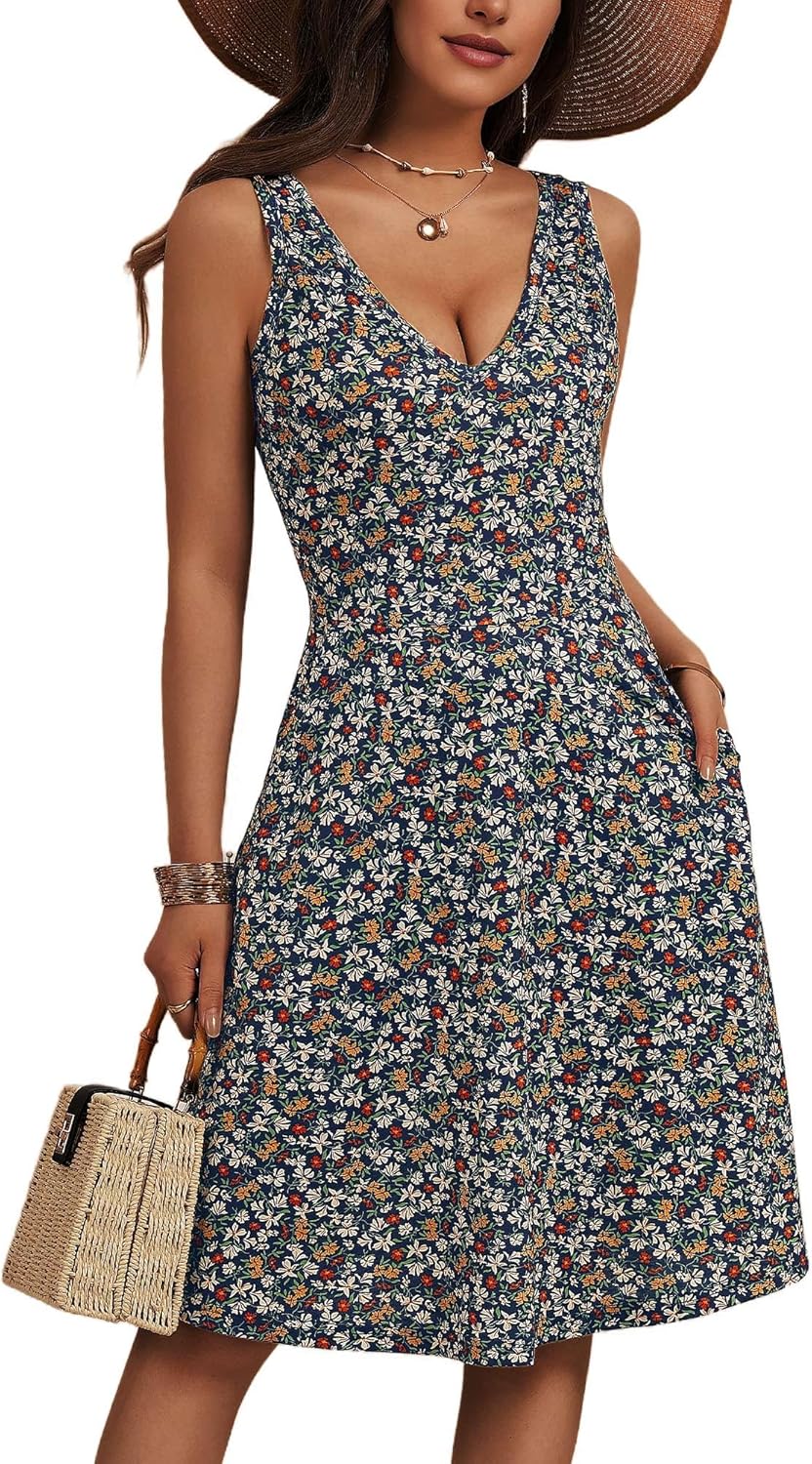 HUHOT Womens Sleeveless V Neck Dress with Pocket Summer Beach Midi Flared Tank Dress